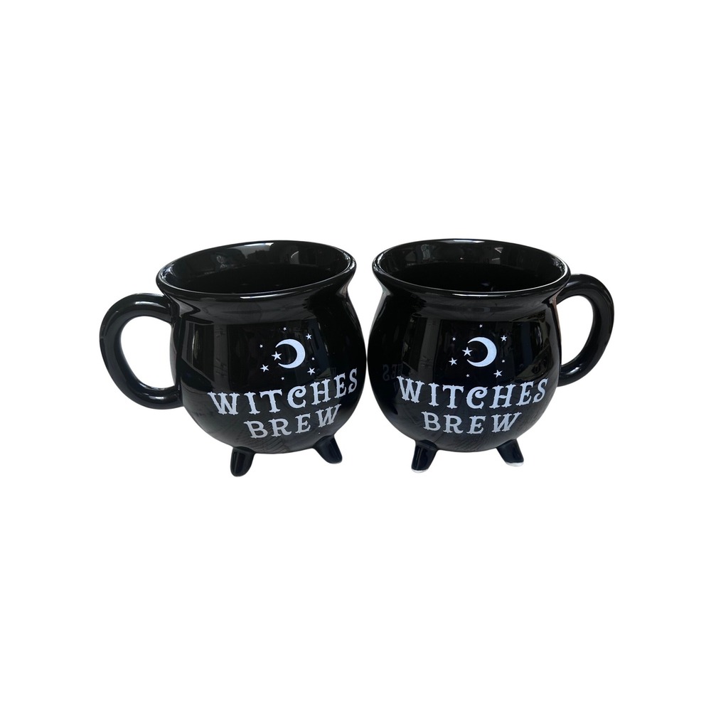 Set of 2 Witches Brew Cauldron Mugs Black Ceramic Halloween Coffee Cups MoonStar
